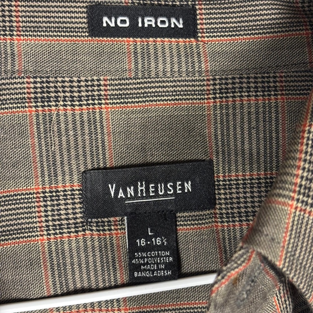 Van Heusen Mens Large Brown Plaid No Iron Long Sleeve Button Down Shirt - Picture 2 of 9